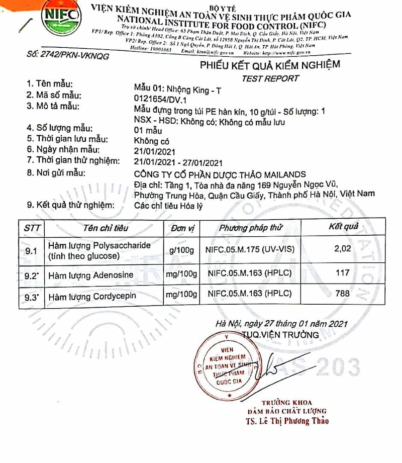 Phiếu kiểm nghiệm chất lượng dược chất của Đông trùng hạ thảo ký chủ nhộng tằm Mailands.